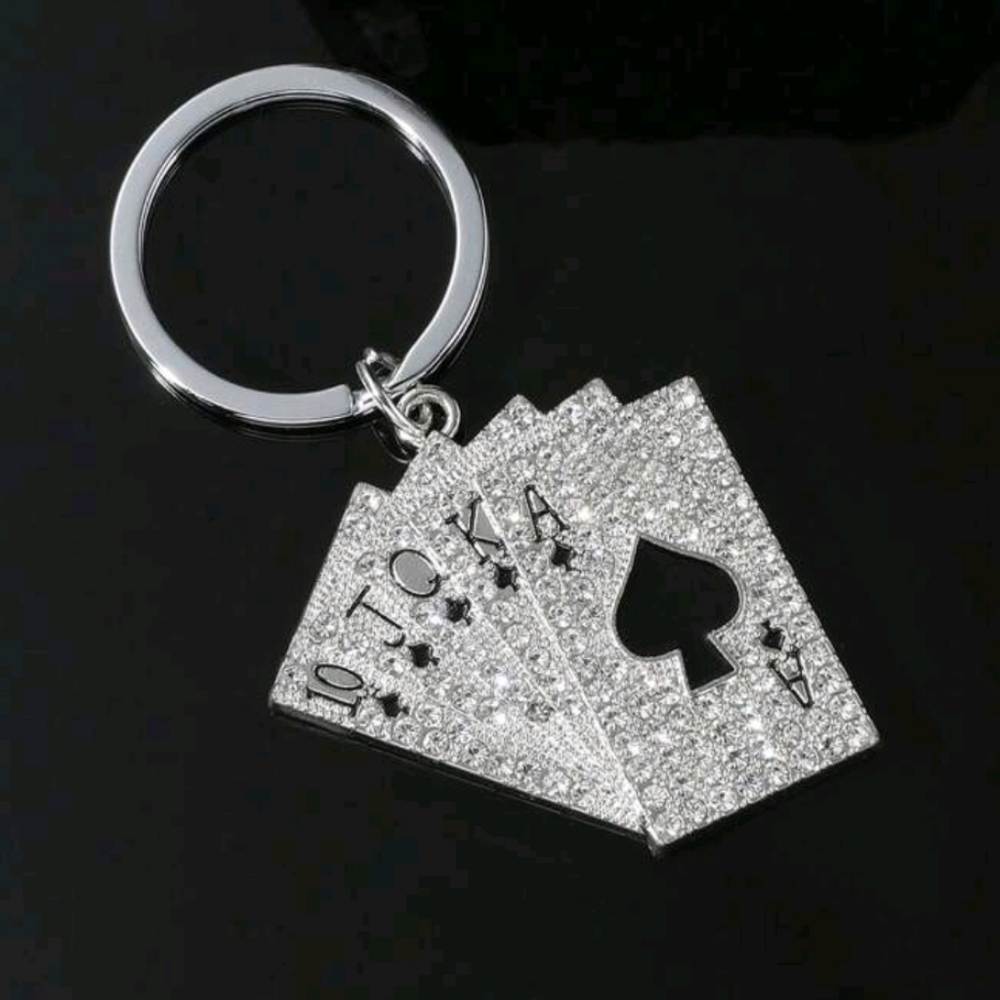 Sparkling Silver Rhinestones Playing Cards Keychain Spades Poker Key Ring Holder